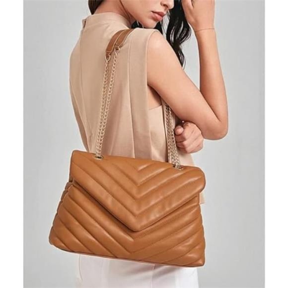 Brown Sleek Adjustable Chain Strap Quilted Crossbody Purse - Picture 4 of 7